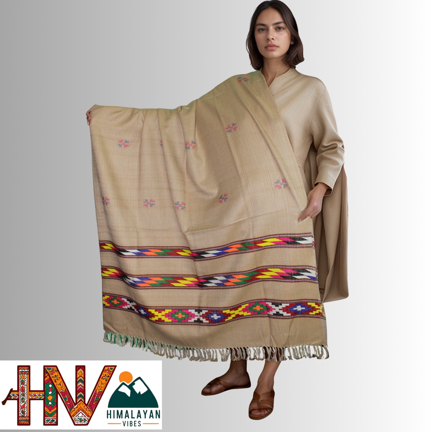 Handwoven Beige Kullu Shawl – With Intricate Design 3 Patti & Traditional Himalayan Craftsmanship