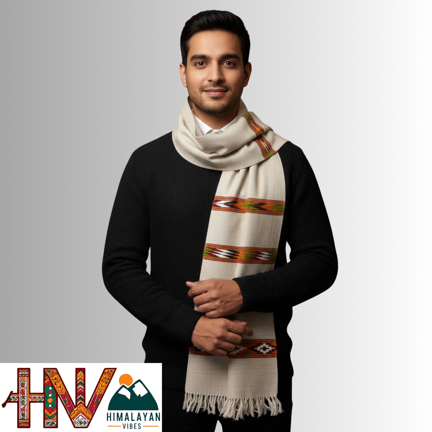 Handwoven White Woolen Muffler | Triple Kullu Patti Traditional Geometric Design By Himalayan Vibes