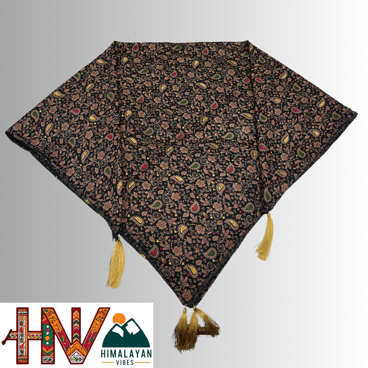 Alpine Black Color Gold Printed Himachali Dhatu - Handcrafted Traditional Head Scarf from Himalayas