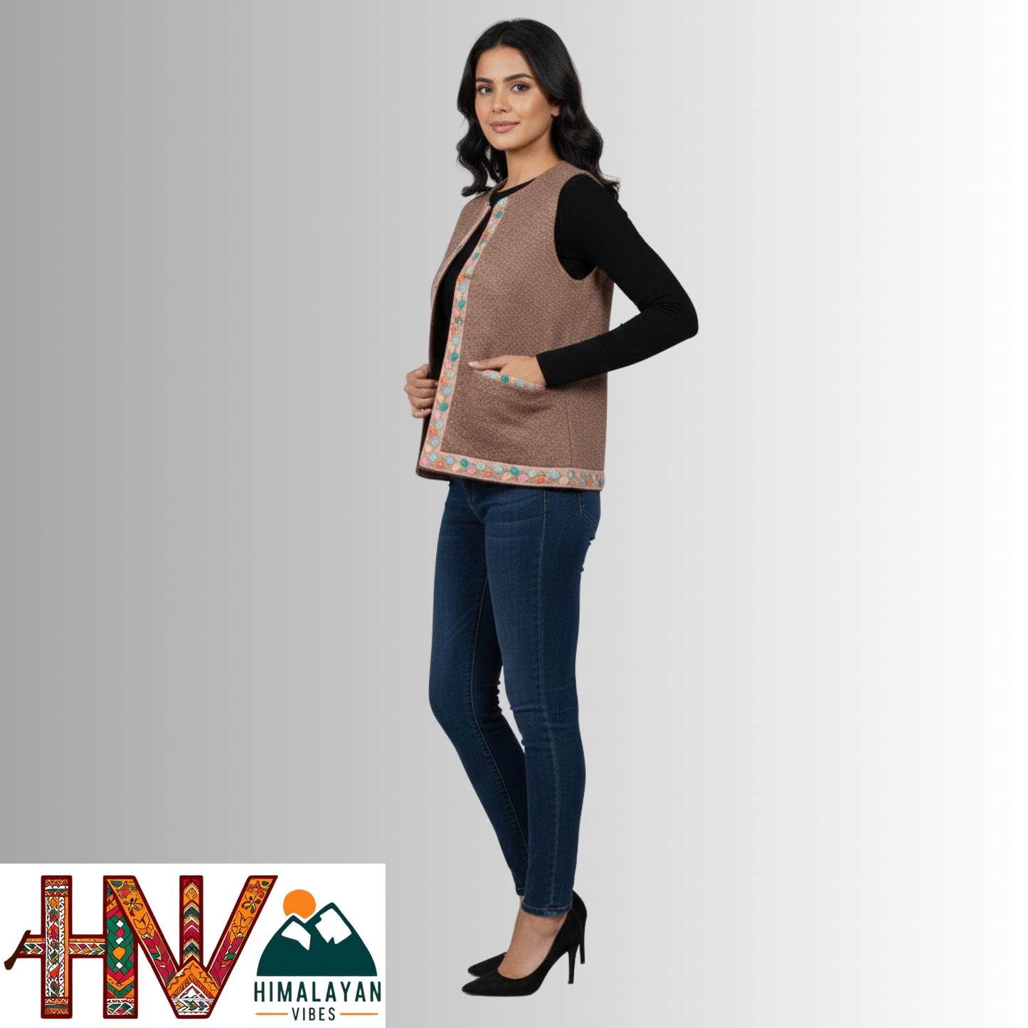 Himachali Light brown Sadri with embroidered Lace for Women - Martin Fabric Ethnic Half Jacket with Pockets