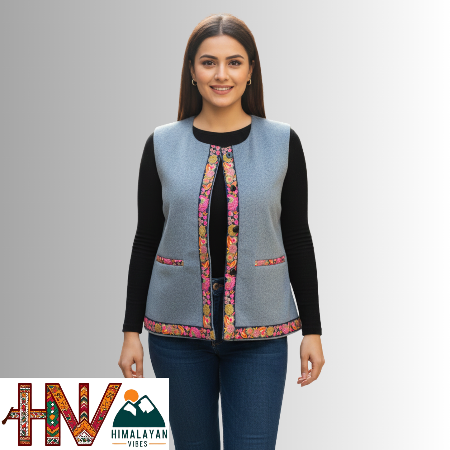 Himachali Light Blue Sadri with embroidered Lace for Women - Martin Fabric Ethnic Half Jacket with Pockets