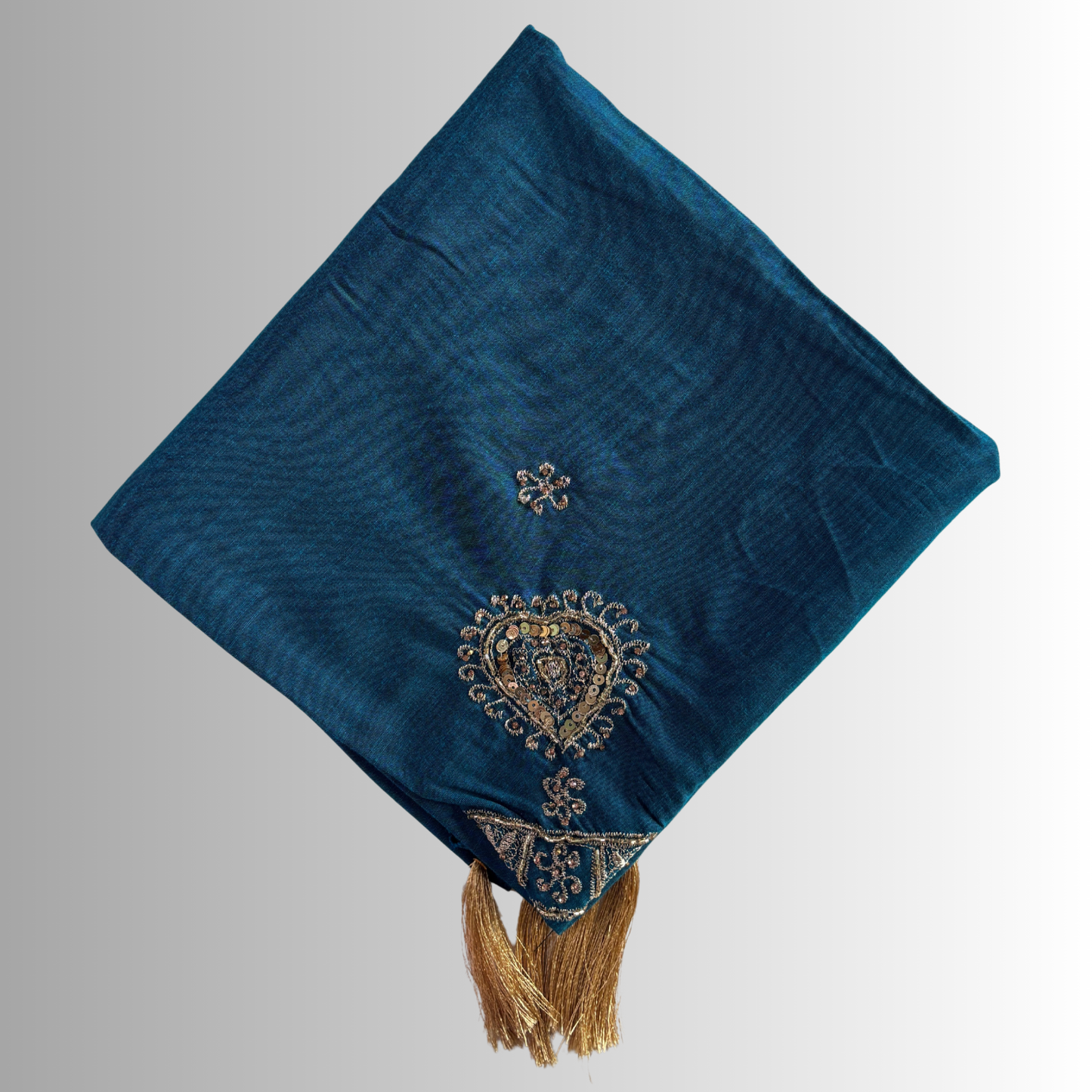 Handcrafted Himachali Teal Blue Dhatu with Gold Embroidery – A Unique Embroidered Head Scarf