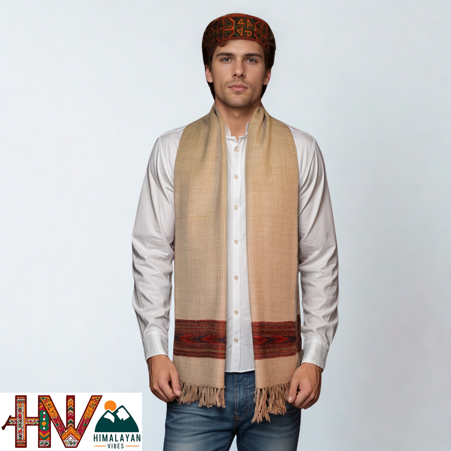 Traditional Kullu Handwoven Light brown Muffler – Soft, Durable & Warm Wool Scarf