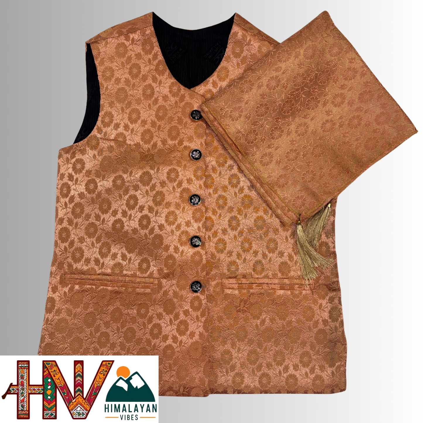 Himalayan Vibes Peach Brocade Sadri and Dhatu Combo