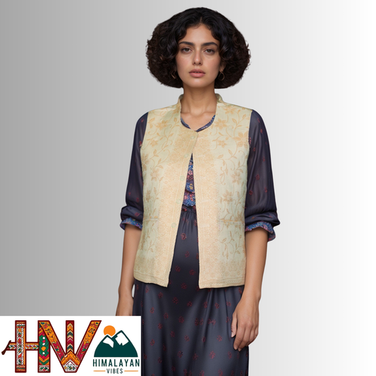 Women Pashmina Blend Cream Color Himachali Sadri with Flower pattern – Traditional Waistcoat by Himalayan Vibes