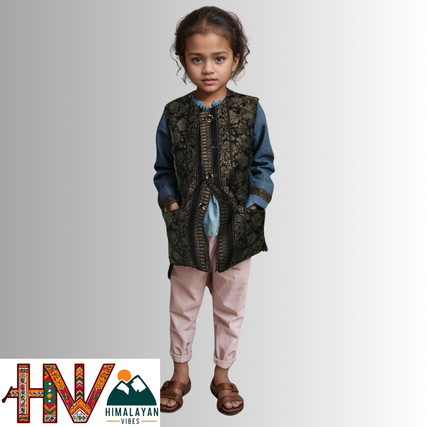 Kids Shawl Black Color Himachali Sadri with Leaf pattern – Traditional Waistcoat by Himalayan Vibes