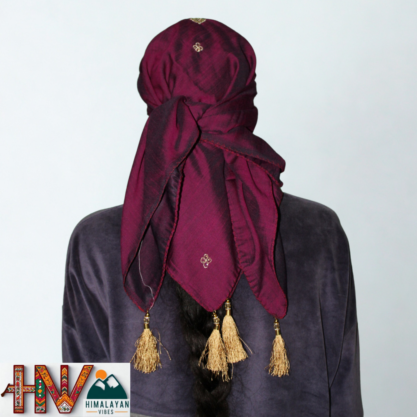Handcrafted Himachali Wine Color Dhatu with Golden Embroidery – A Unique Embroidered Head Scarf