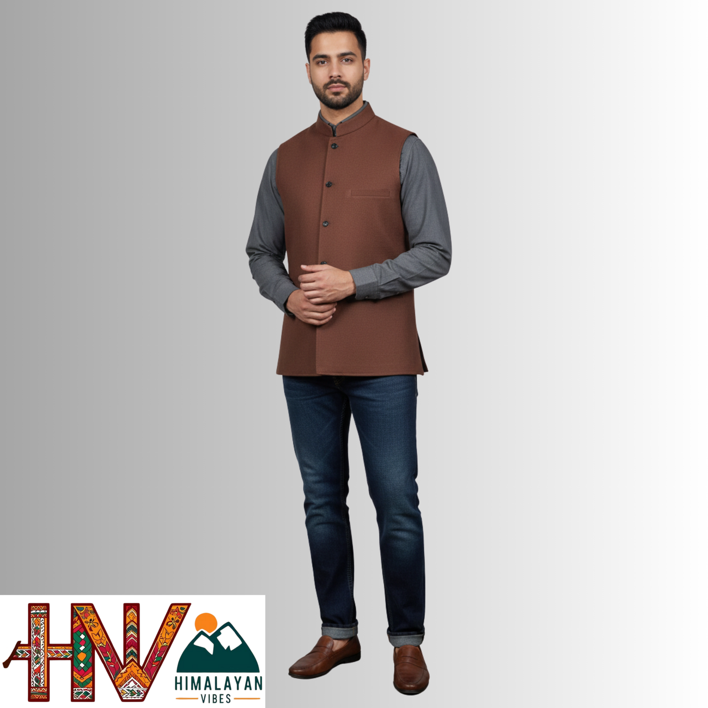 Handcrafted Himalayan Vibes Rust Brown Woolen Nehru Jacket for Men | Traditional Himachali Craft | Stylish Winter & Formal Wear