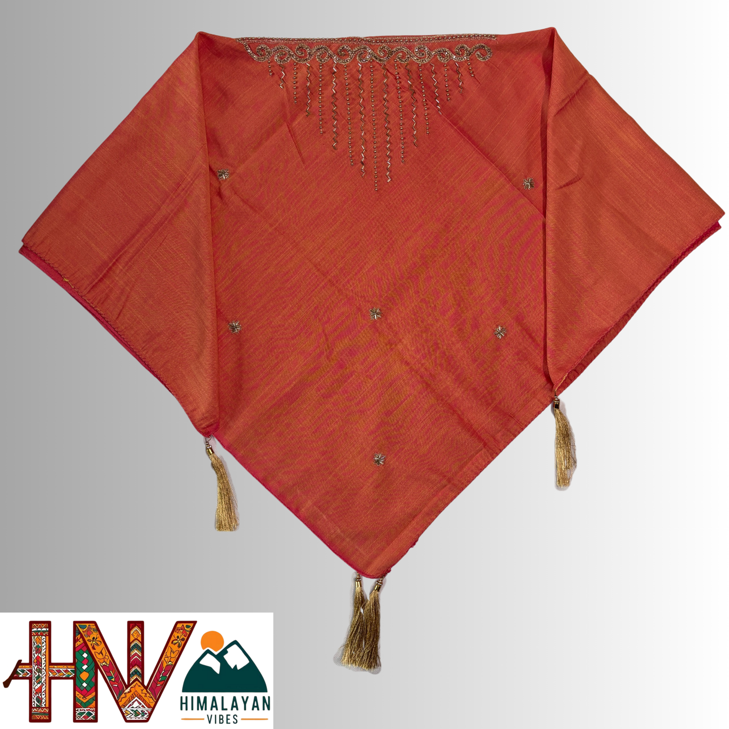 Handcrafted Himachali Burnt orange Dhatu with Golden Embroidery – A Unique Embroidered Head Scarf