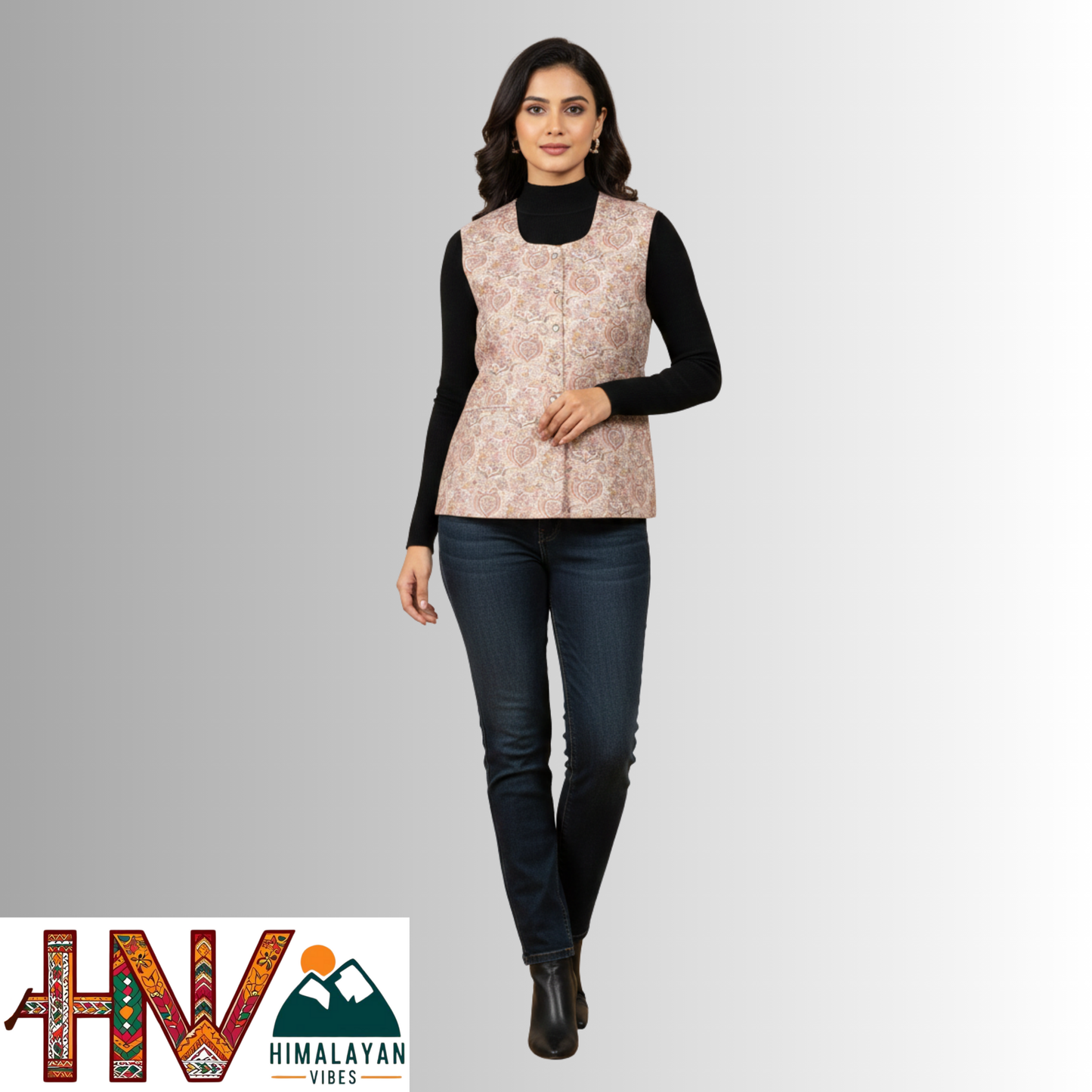 Himalayan Vibes Women's Pashmina Mix - Beige Paisley Print Sadri-Dhatu Combo