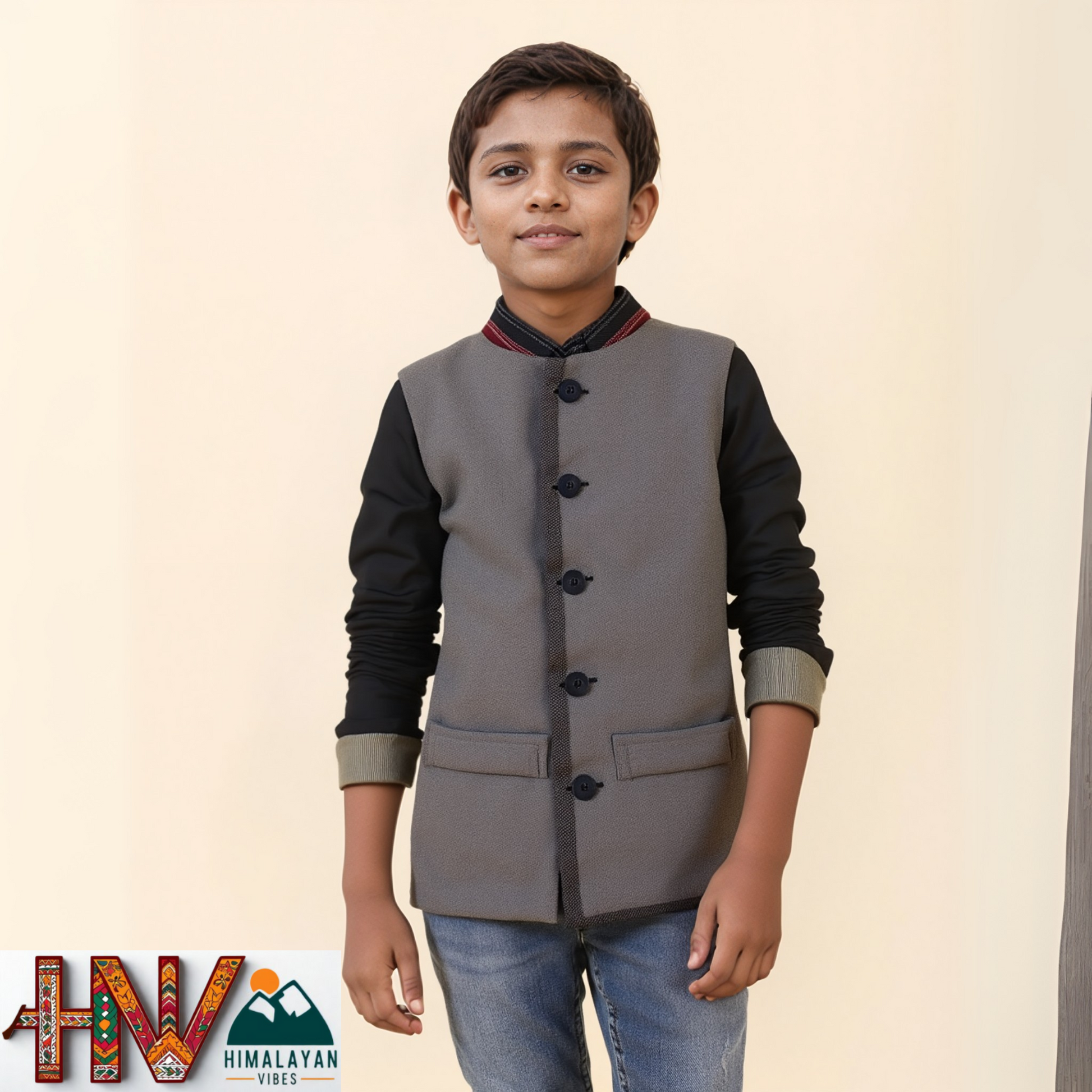 Handmade Dark Grey Woolen Jacket for Kids| Traditional Himachali