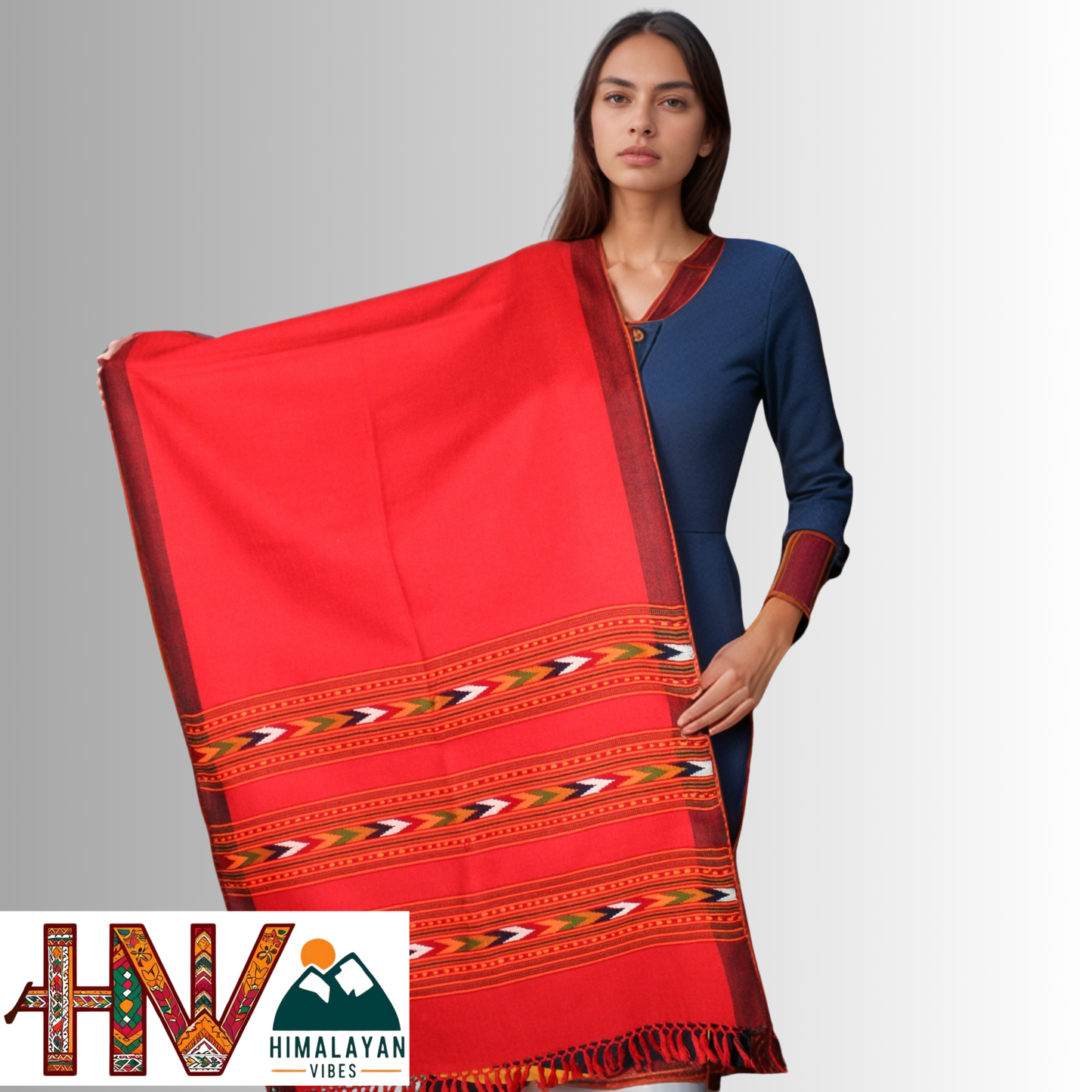 Handwoven red Kullu Woolen Stole with Traditional Kullu 3 Patti Design in Vibrant Red Border– Handwoven Elegance By Himalayan Vibes