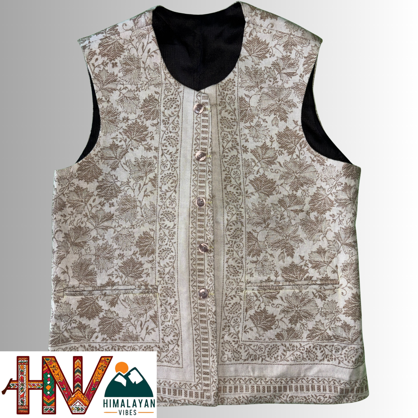 Women Pashmina Blend Cream Color Himachali Sadri with Leaf pattern – Traditional Waistcoat by Himalayan Vibes