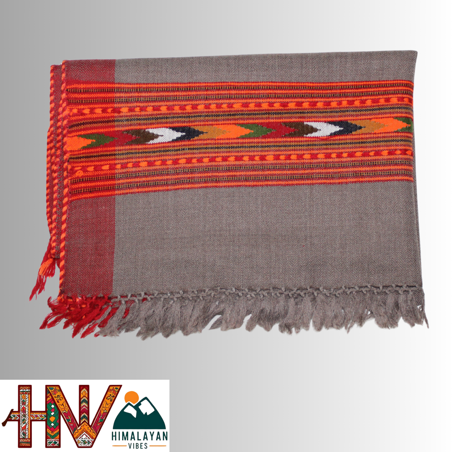 Handwoven Grey Kullu Woolen Stole with Traditional Kullu Patti Design with Red Border– Handwoven Elegance By Himalayan Vibes