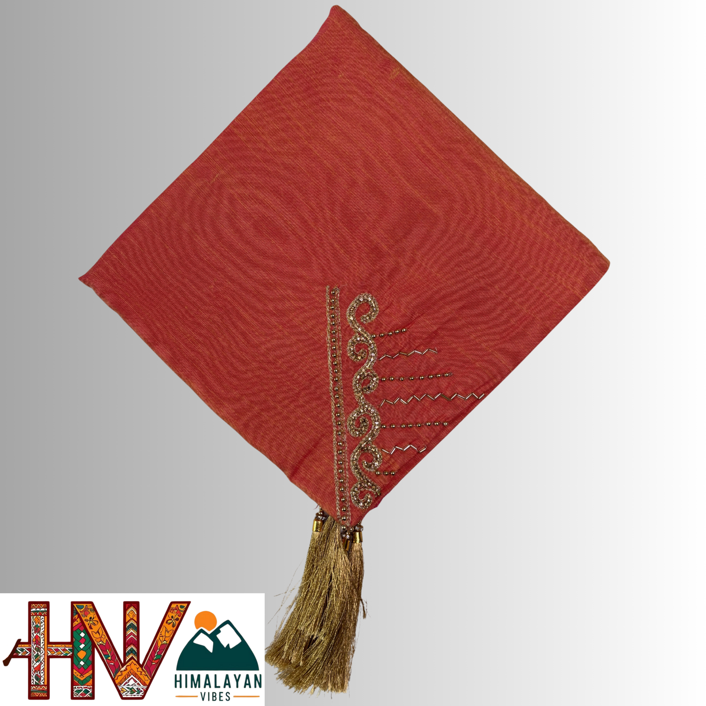 Handcrafted Himachali Burnt orange Dhatu with Golden Embroidery – A Unique Embroidered Head Scarf