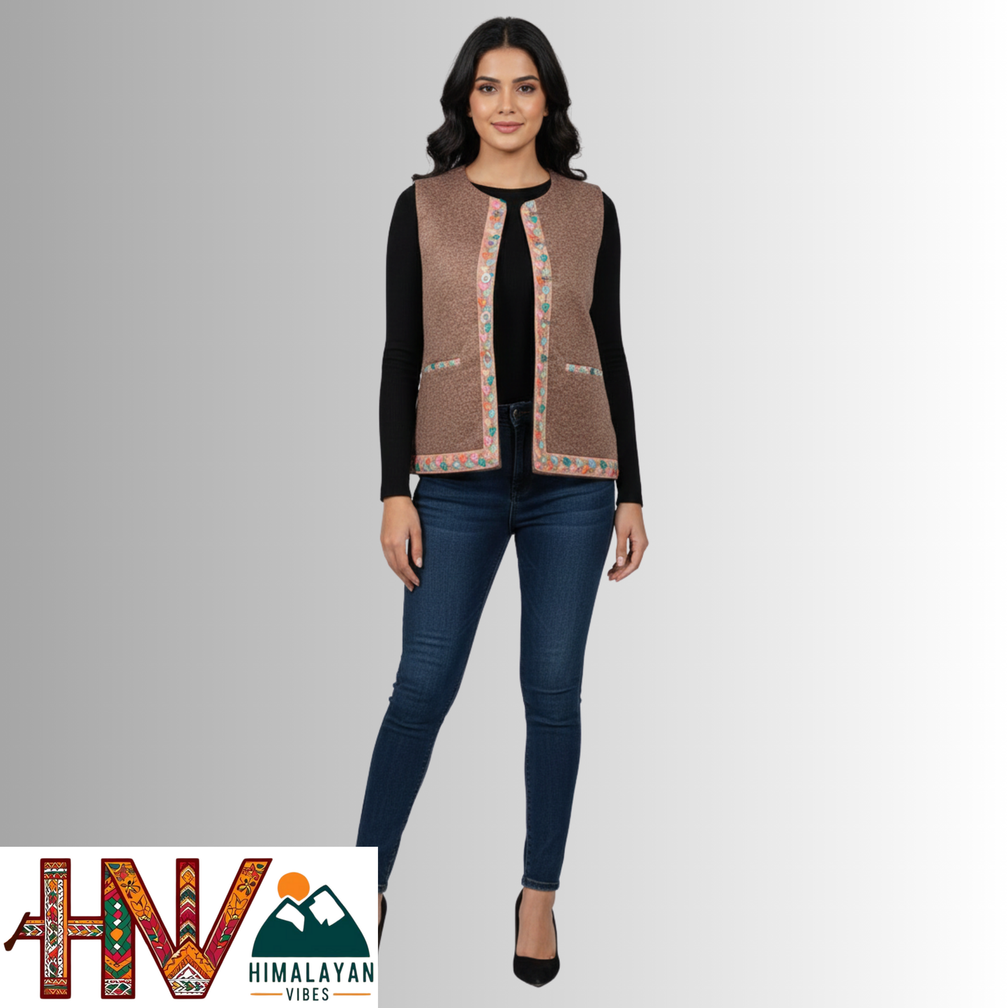 Himachali Light brown Sadri with embroidered Lace for Women - Martin Fabric Ethnic Half Jacket with Pockets