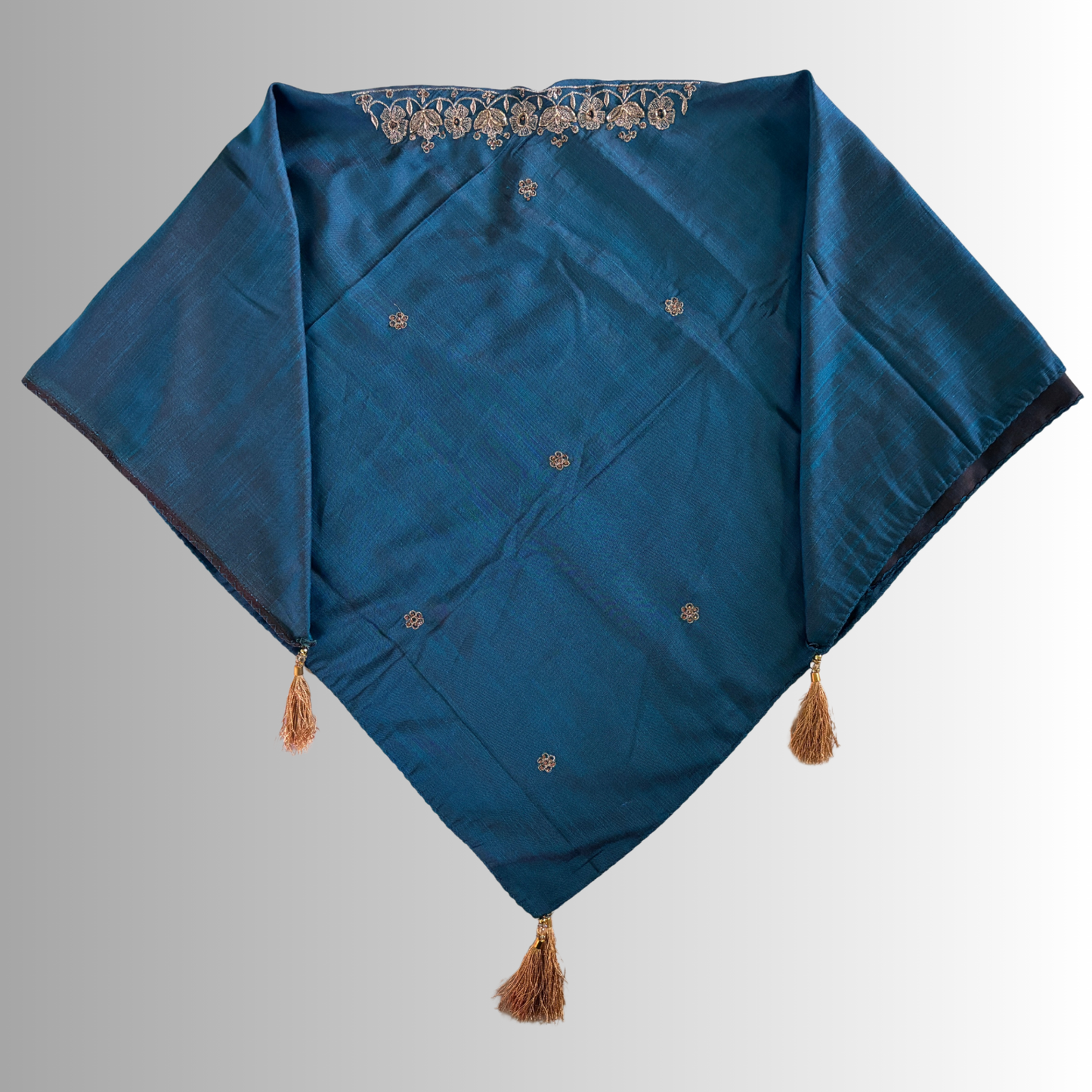 Handcrafted Himachali Teal Blue Dhatu with Gold Embroidery – A Unique Embroidered Head Scarf