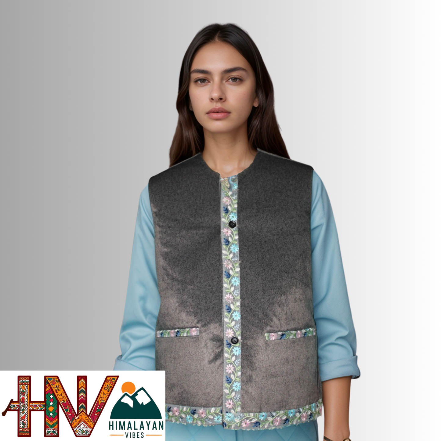 Himachali Dark Grey Sadri with embroidered Lace for Women - Martin Fabric Ethnic Half Jacket with Pockets