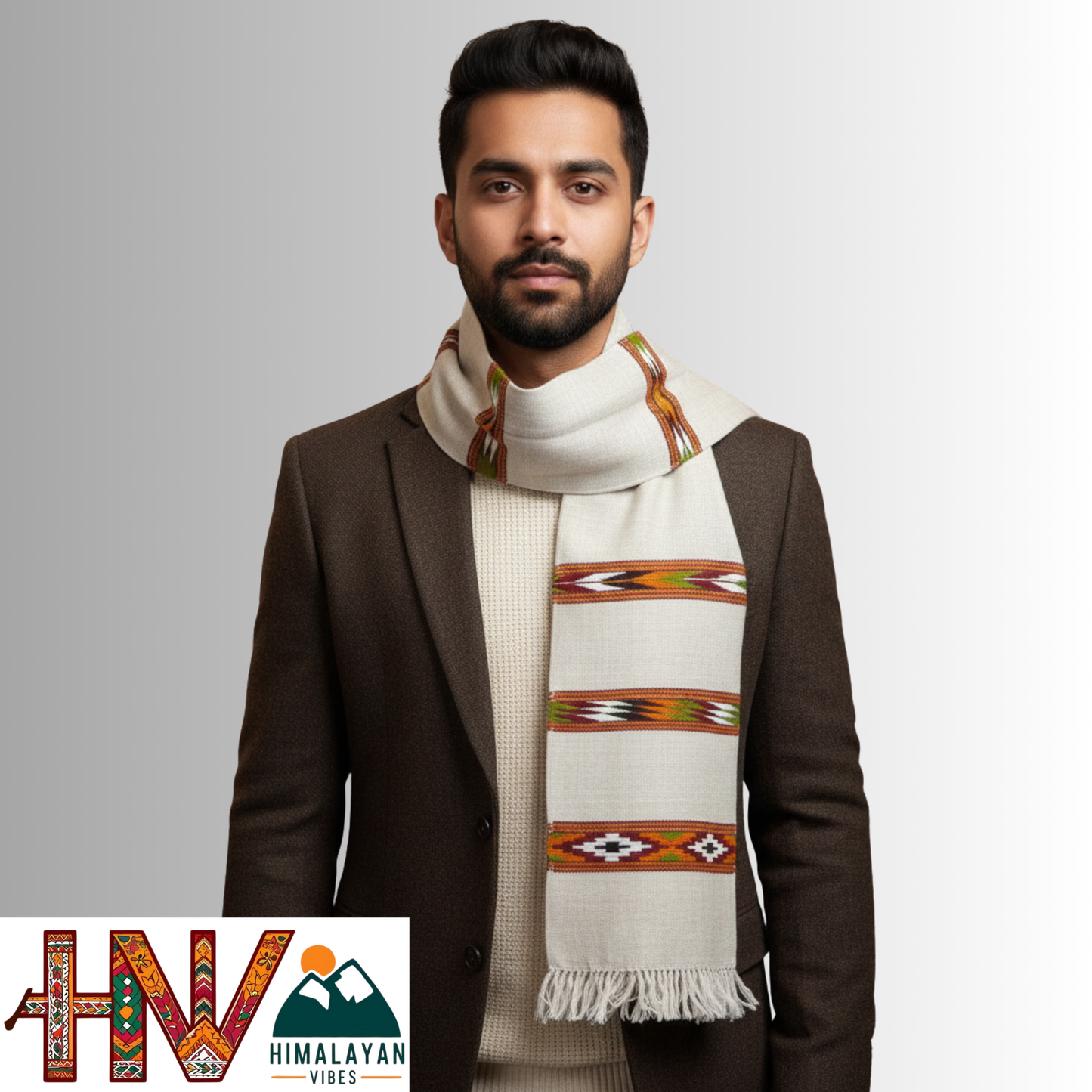 Handwoven White Woolen Muffler | Triple Kullu Patti Traditional Geometric Design By Himalayan Vibes