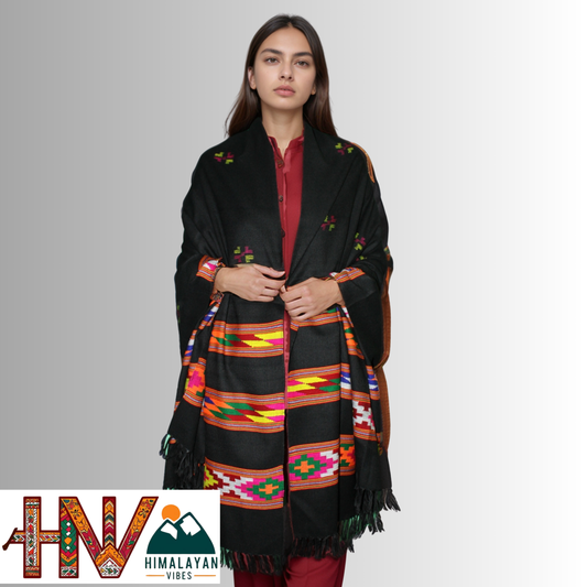 Handwoven Black Kullu Shawl – With Intricate Design 3 Patti & Traditional Himalayan Craftsmanship