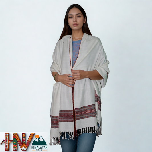 Handwoven Himalayan White Wool Stole – Red & Grey Striped with Geometric Motif Border