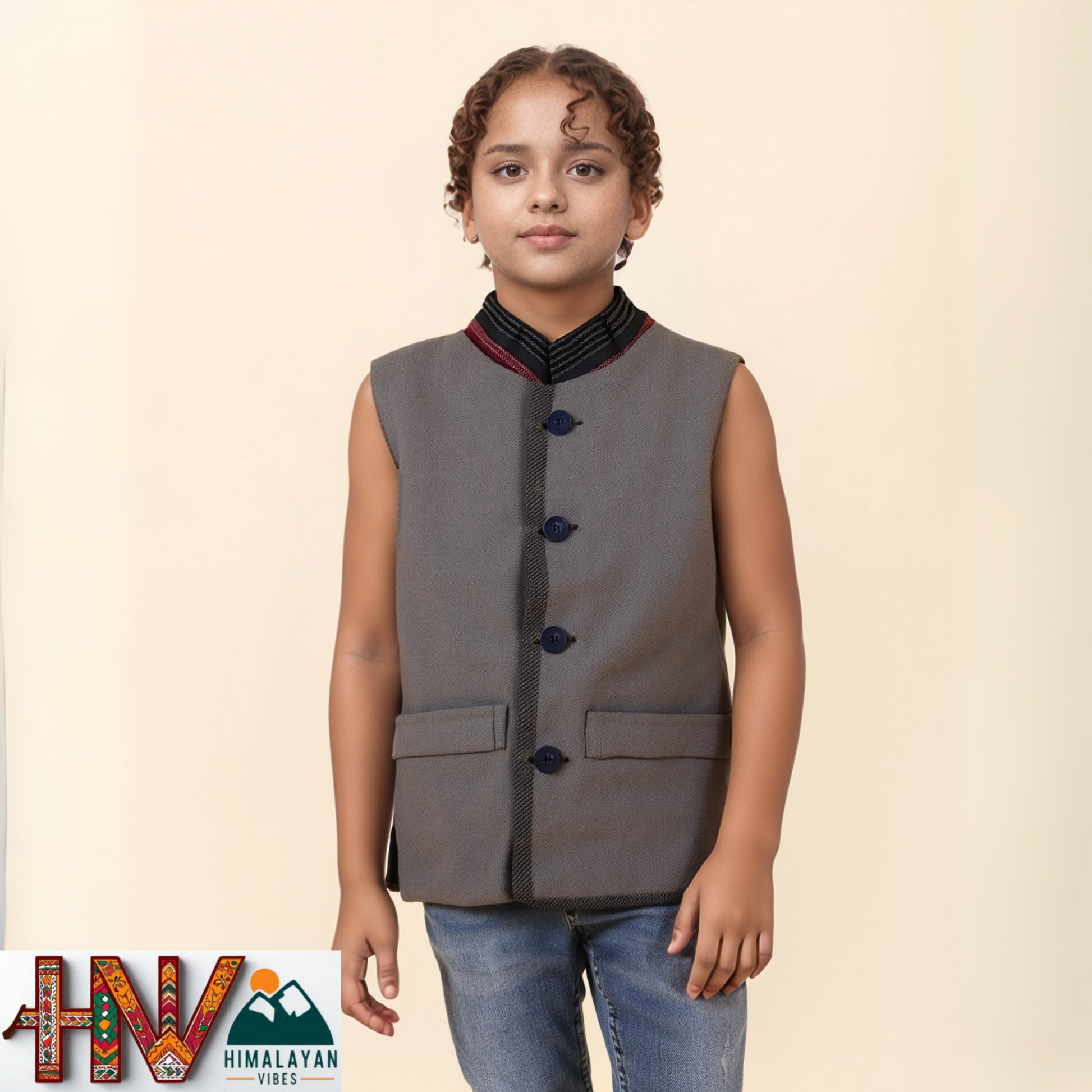 Handmade Dark Grey Woolen Jacket for Kids| Traditional Himachali Craft