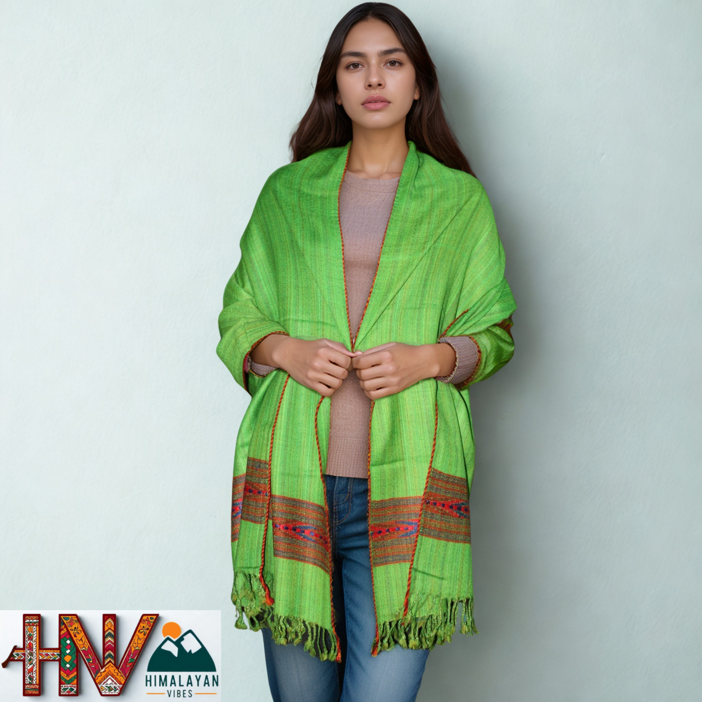 Handwoven Himalayan Parrot Green Wool Stole – Red & Blue Striped with Geometric Motif Border