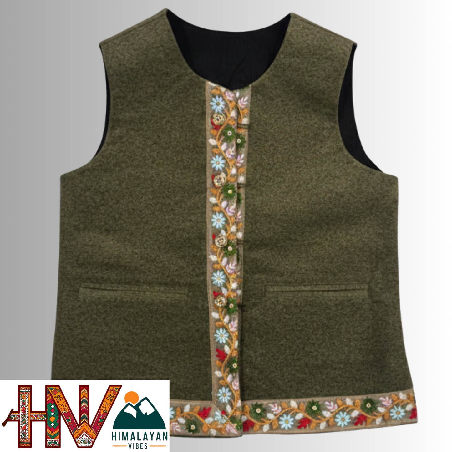 Girls Sleeveless Olive Green Woolen Sadri Jacket in Martin Fabric – Handcrafted Himachali Ethnic Wear with Floral Lace