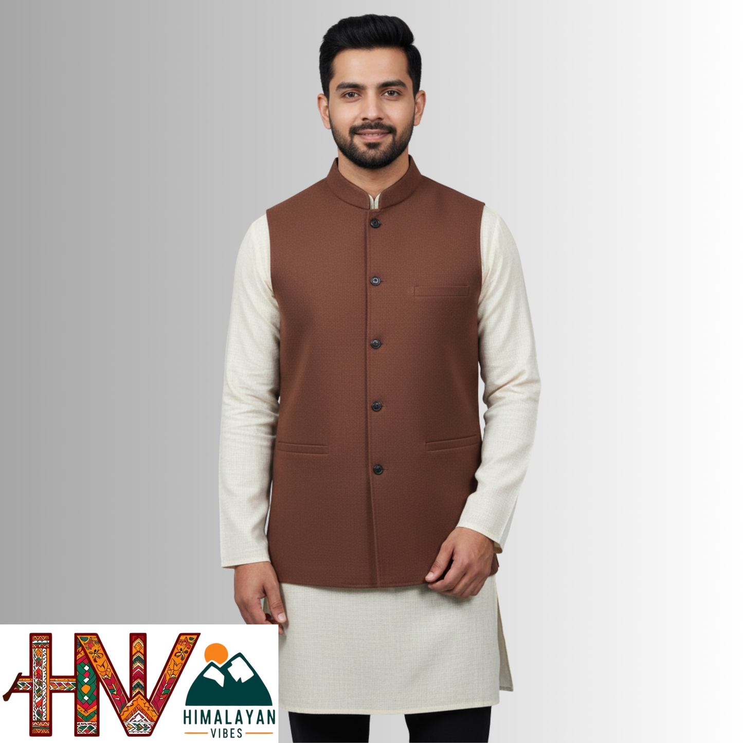 Handcrafted Himalayan Vibes Rust Brown Woolen Nehru Jacket for Men | Traditional Himachali Craft | Stylish Winter & Formal Wear