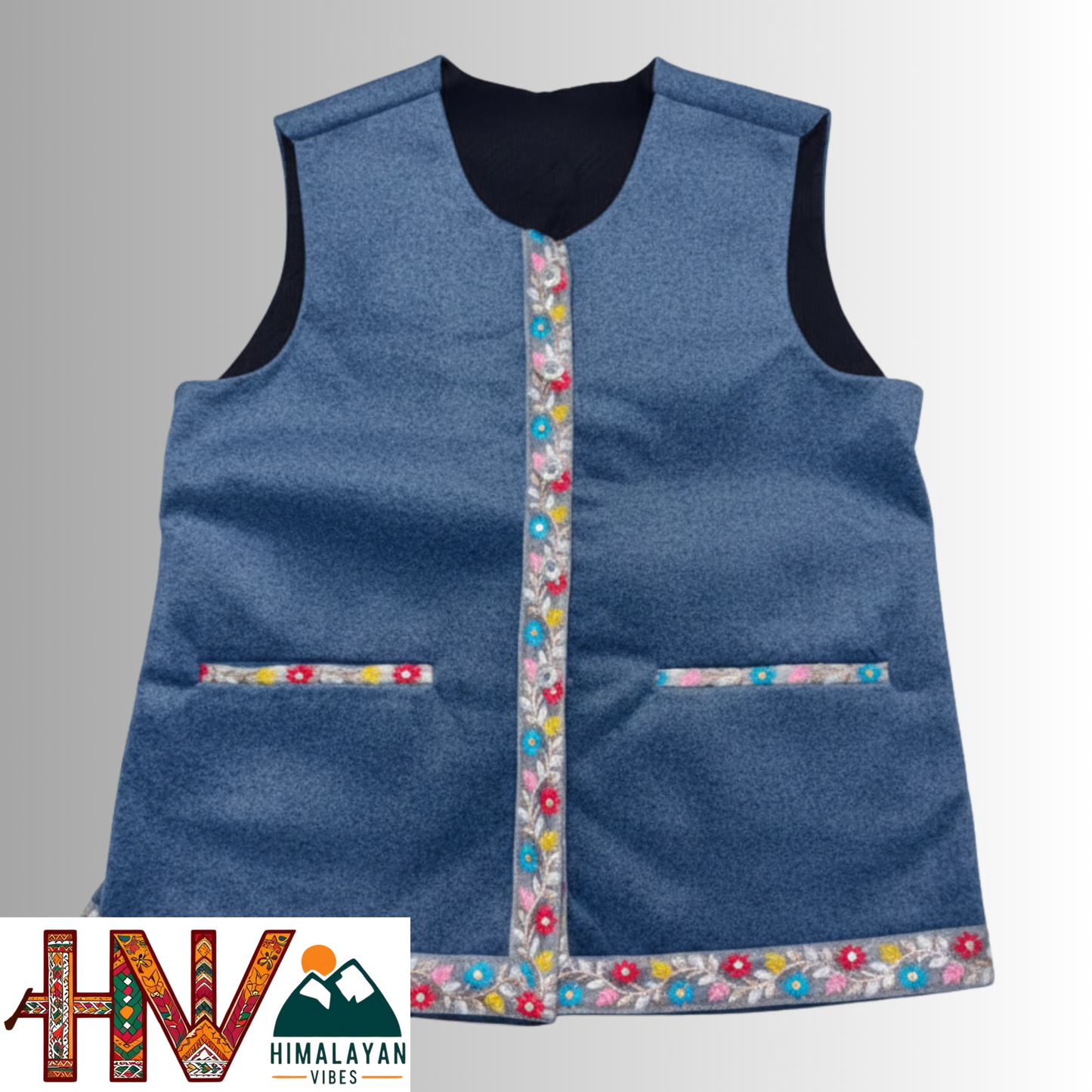 Himachali Blue Sadri with embroidered Lace for Women - Martin Fabric Ethnic Half Jacket with Pockets