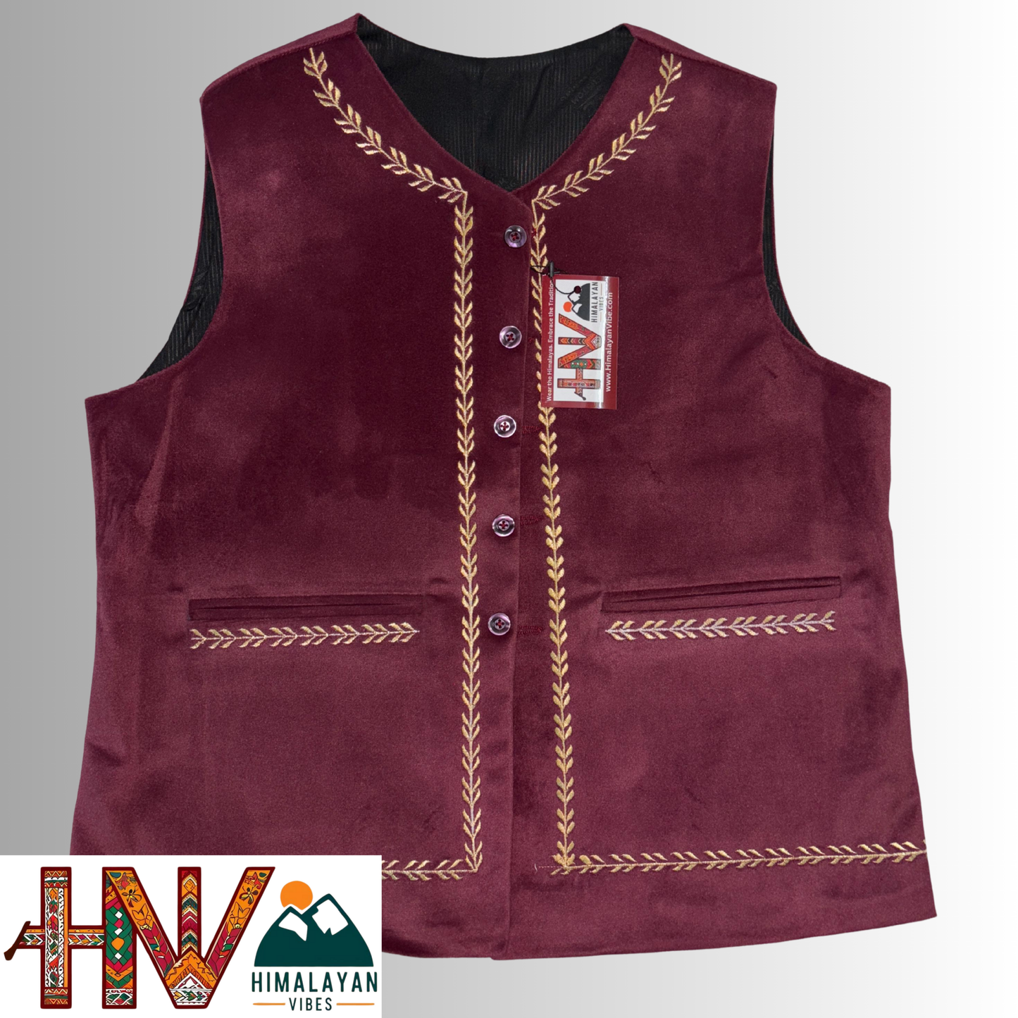 Handcrafted-Simple Embroidered Maroon Himachali Sadri (Jacket) for Women - Martin Fabric Ethnic Half Jacket with Pockets