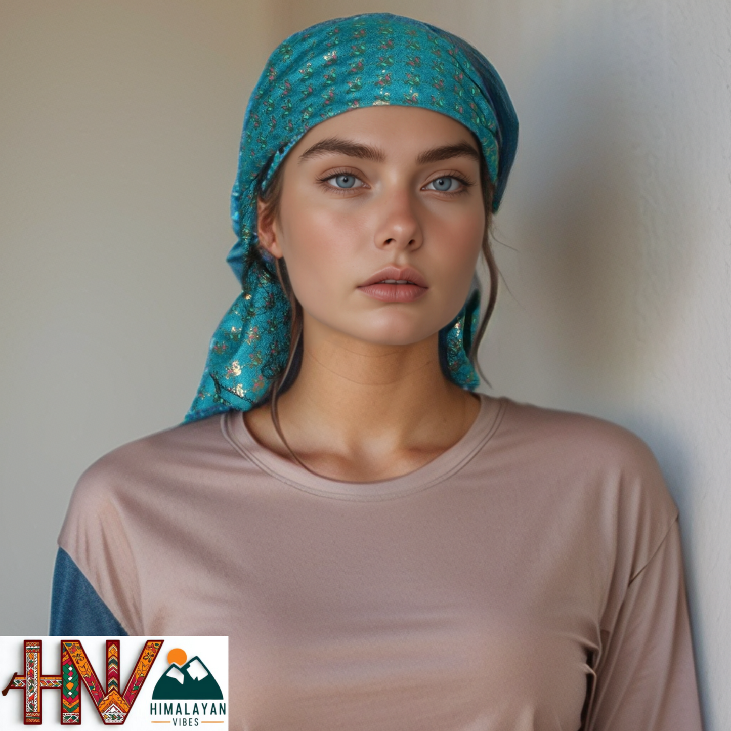 Alpine Cyan Color Printed  Himachali Dhatu - Handcrafted Traditional Head Scarf from Himalayas