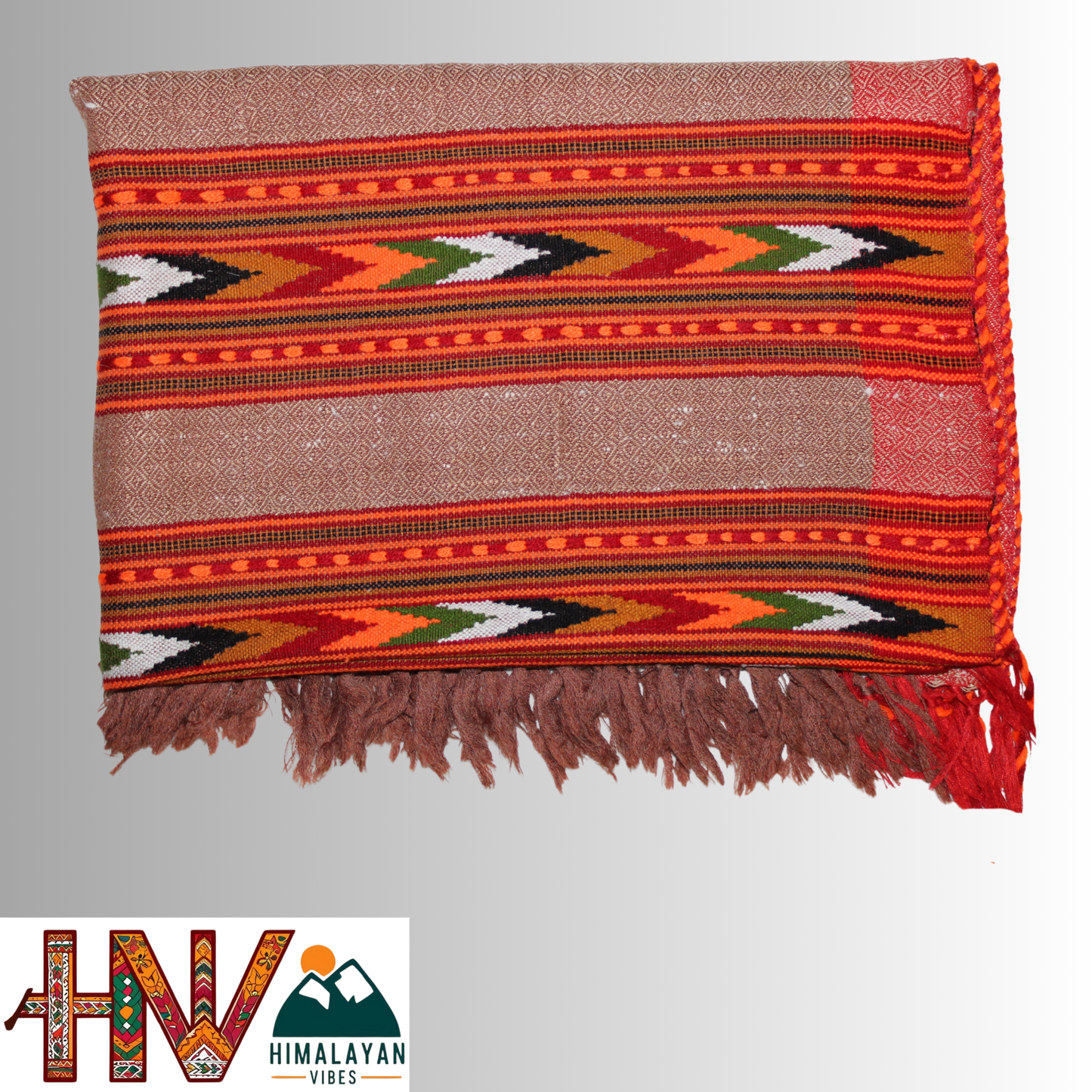 Handwoven caremel Kullu Woolen Stole with Traditional Kullu 3 Patti Design in Vibrant Red Border– Handwoven Elegance By Himalayan Vibes