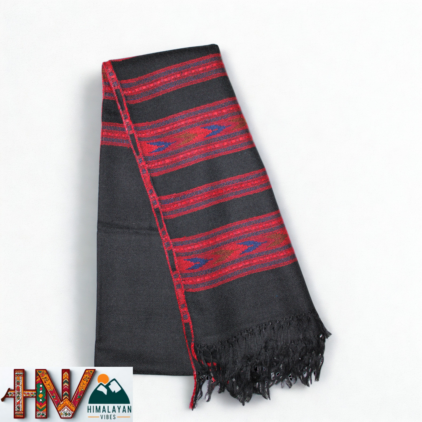 Handwoven Himalayan Black Wool Stole – Red & Blue Striped with Geometric Motif Border