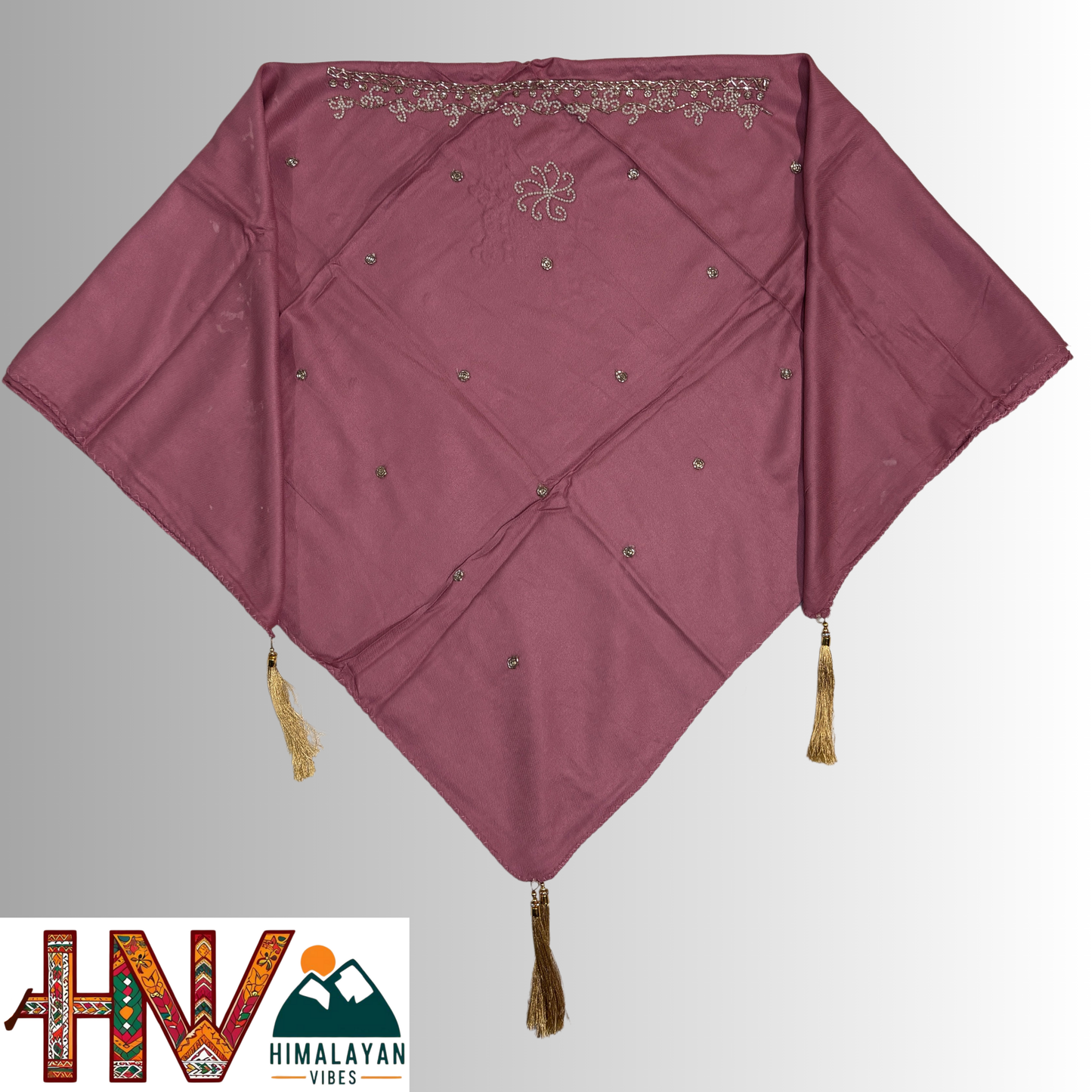 Handcrafted Himachali Dusty Rose Dhatu with Golden Embroidery – A Unique Embroidered Head Scarf