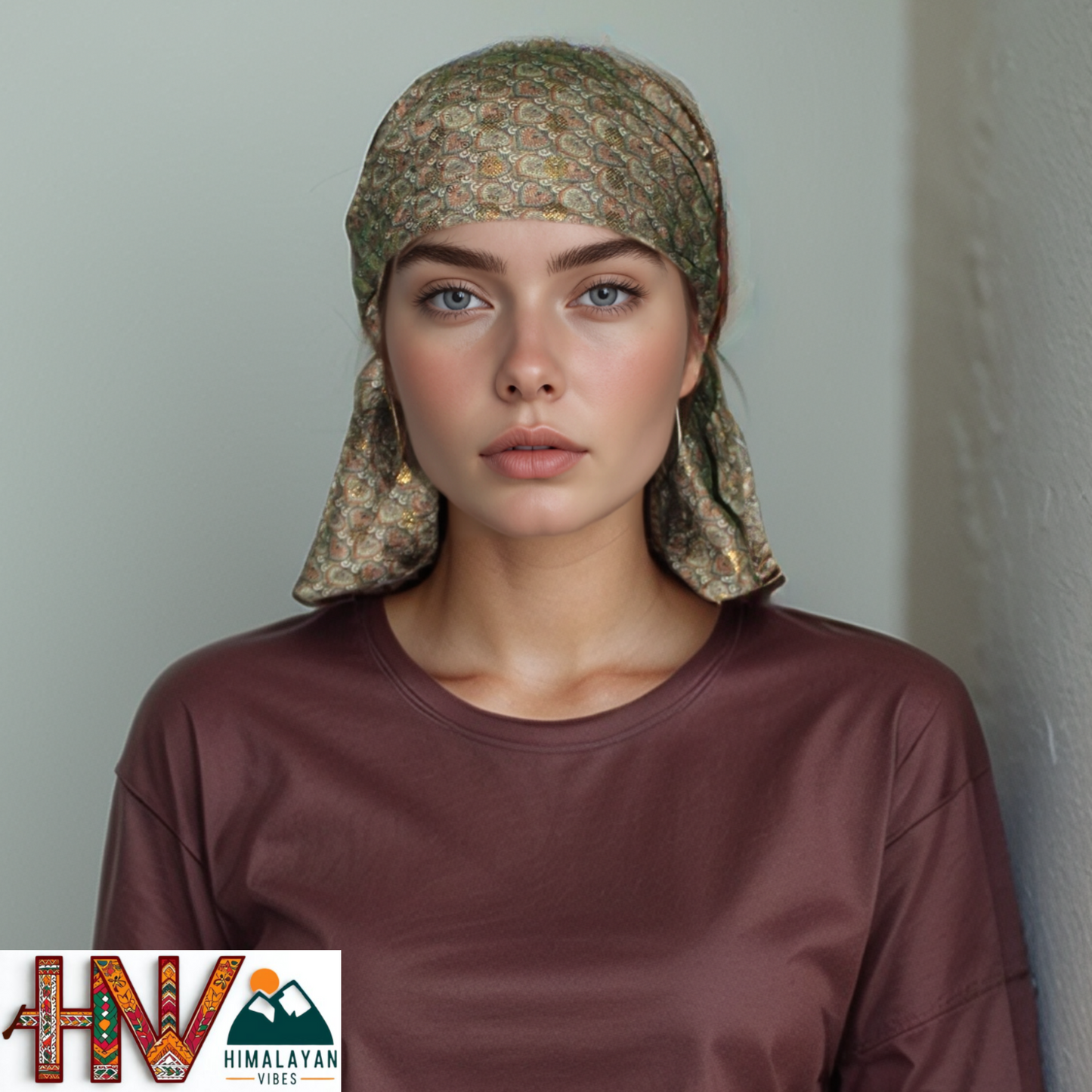 Alpine Grey Color Printed Gold  Himachali Dhatu - Handcrafted Traditional Head Scarf from Himalayas