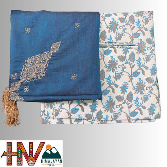 Himalayan Vibes White Brocade Sadri with Sky-blue Pattern and Teal Blue Embroidered Dhatu Combo.