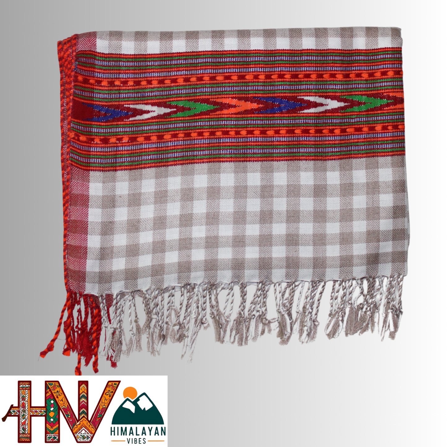 Handwoven White & Grey Checked Wool Stole – With Kullu Patti Border By Himalayan Vibes