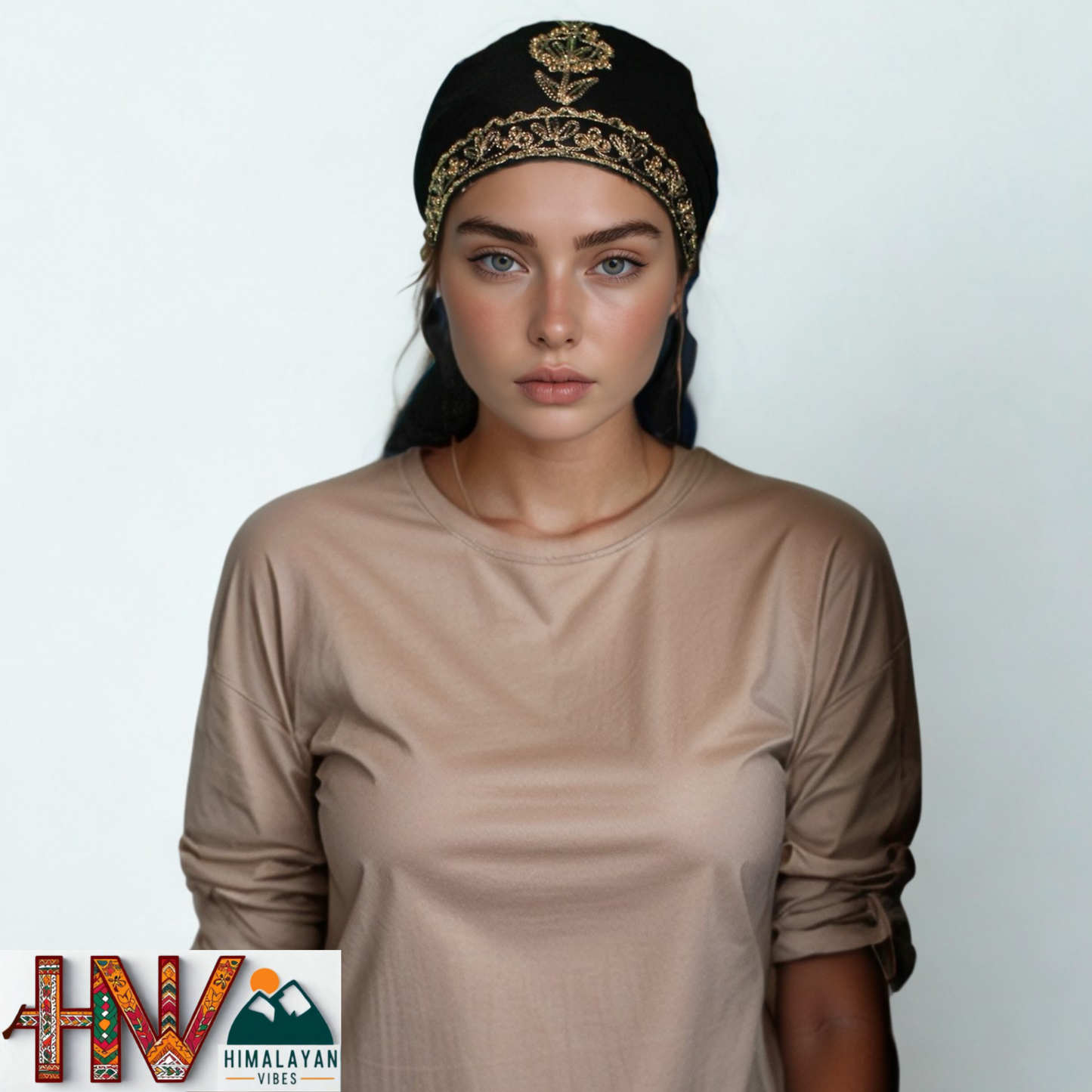 Handcrafted Himachali Black Rayon Dhatu with Golden Embroidery – A Unique Embroidered Head Scarf