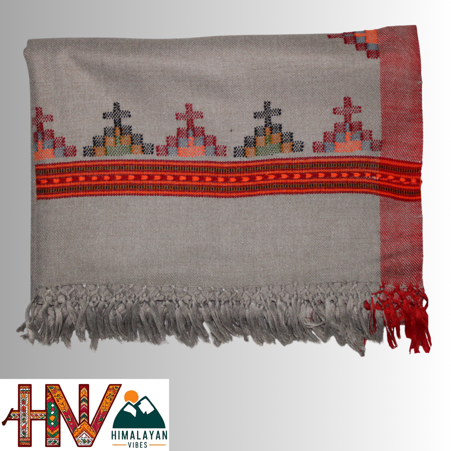 Handwoven Grey Kullu Woolen Stole with Traditional Kullu Patti Geometric Motifs with Red Border– Handwoven Elegance By Himalayan Vibes