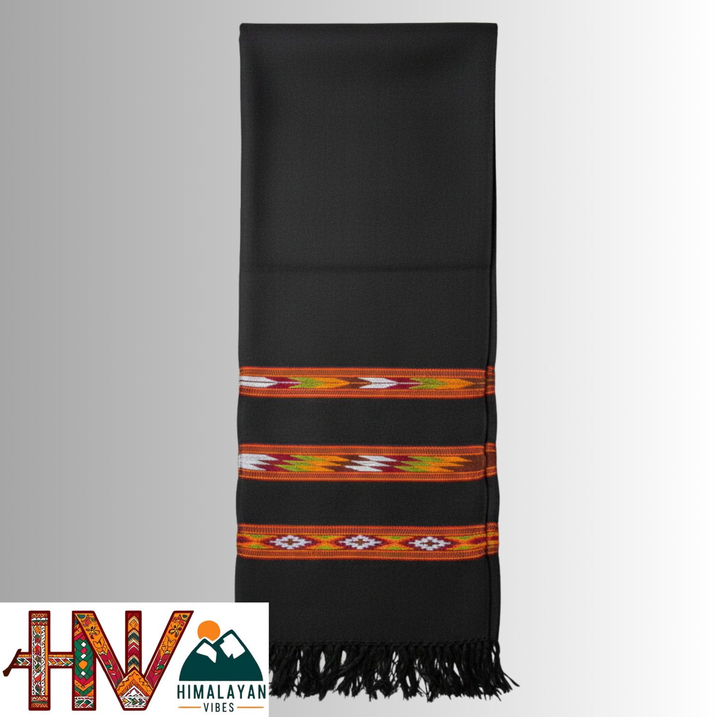 Handwoven Black Woolen Muffler | Triple Kullu Patti Traditional Geometric Design By Himalayan Vibes