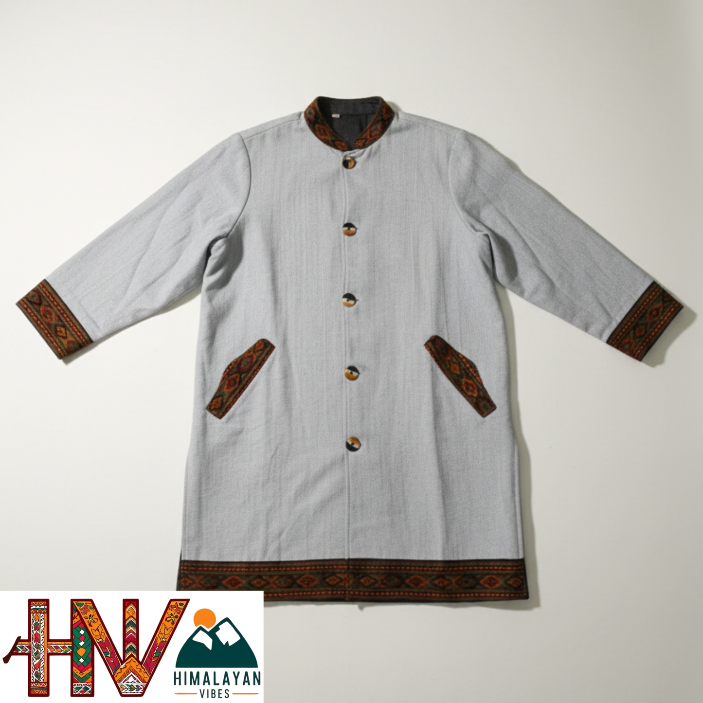 Himalayan Vibes Women Long Woolen Jacket - Authentic Kullu Patti Trimmed Coat