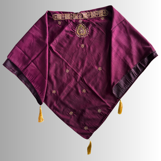 Handcrafted Himachali Wine Color Dhatu with Golden Embroidery – A Unique Embroidered Head Scarf