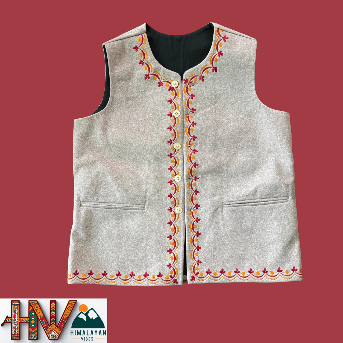 Hand-Embroidered Tan Color Himachali Sadri (Jacket) for Women - Martin Fabric Ethnic Half Jacket with Pockets