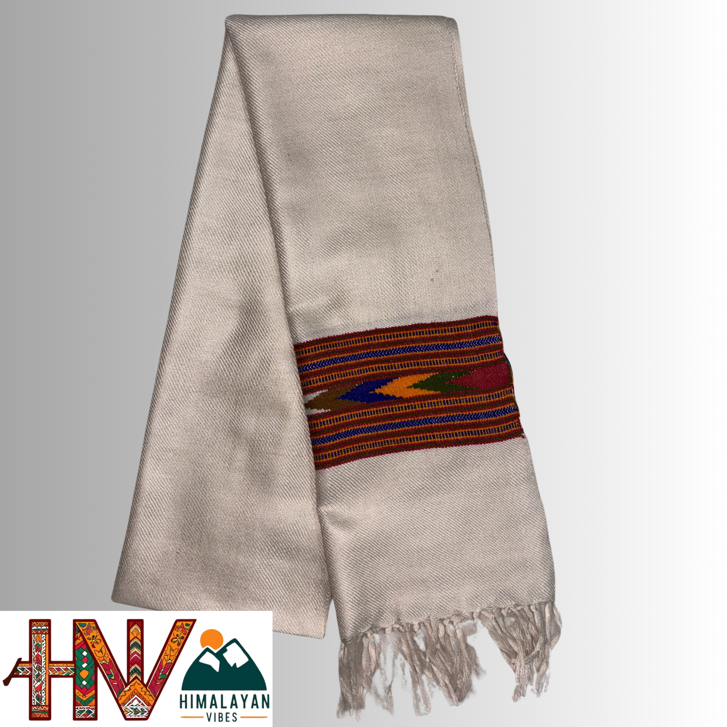 Traditional Kullu Patti Design Wool Muffler | Light Beige Handloom Scarf with Vibrant Geometric Strip By Himalayan Vibes