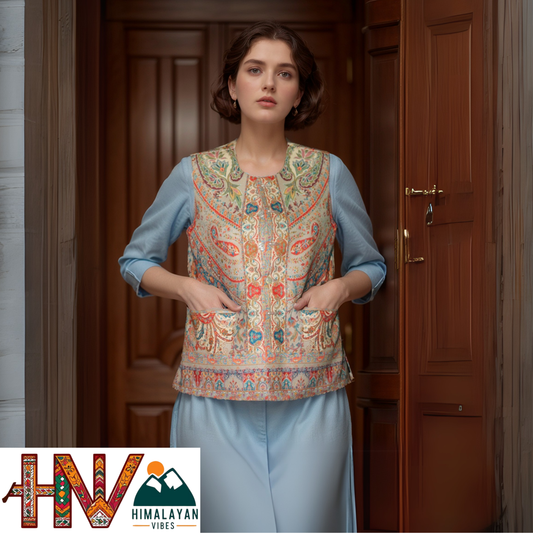 Women Pashmina Blend Grey Himachali Sadri – Colorful Traditional Waistcoat by Himalayan Vibes