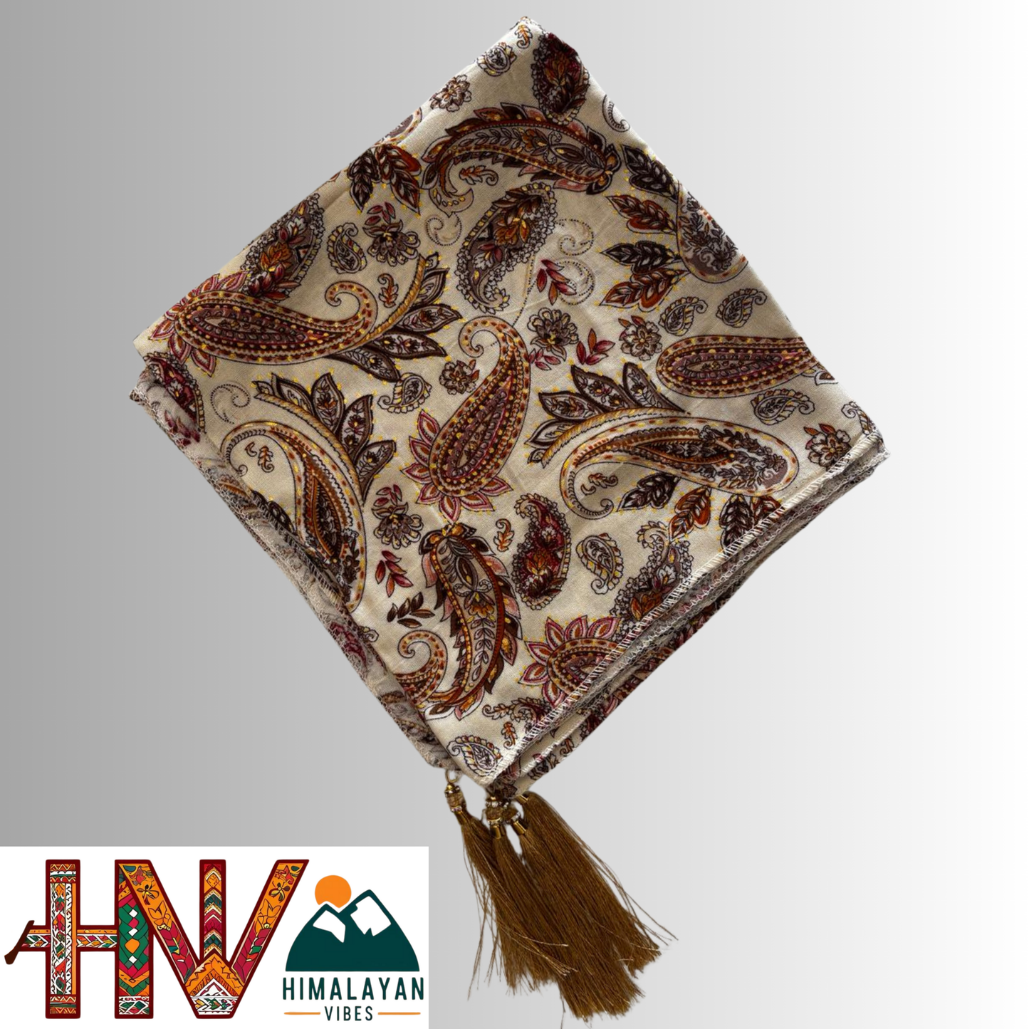 Himalayan Vibes Rayon Cream Color Himachali Dhatu with Multicolor Print - Handcrafted Traditional Head Scarf from Himalayas