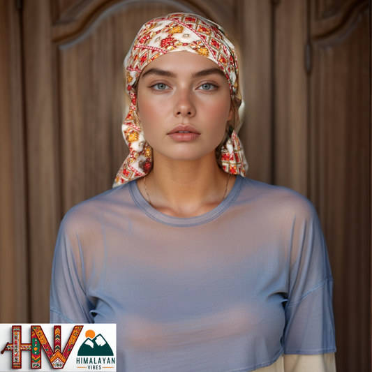 Rayon White Himachali Dhatu with Red print - Handcrafted Traditional Head Scarf from Himalayas