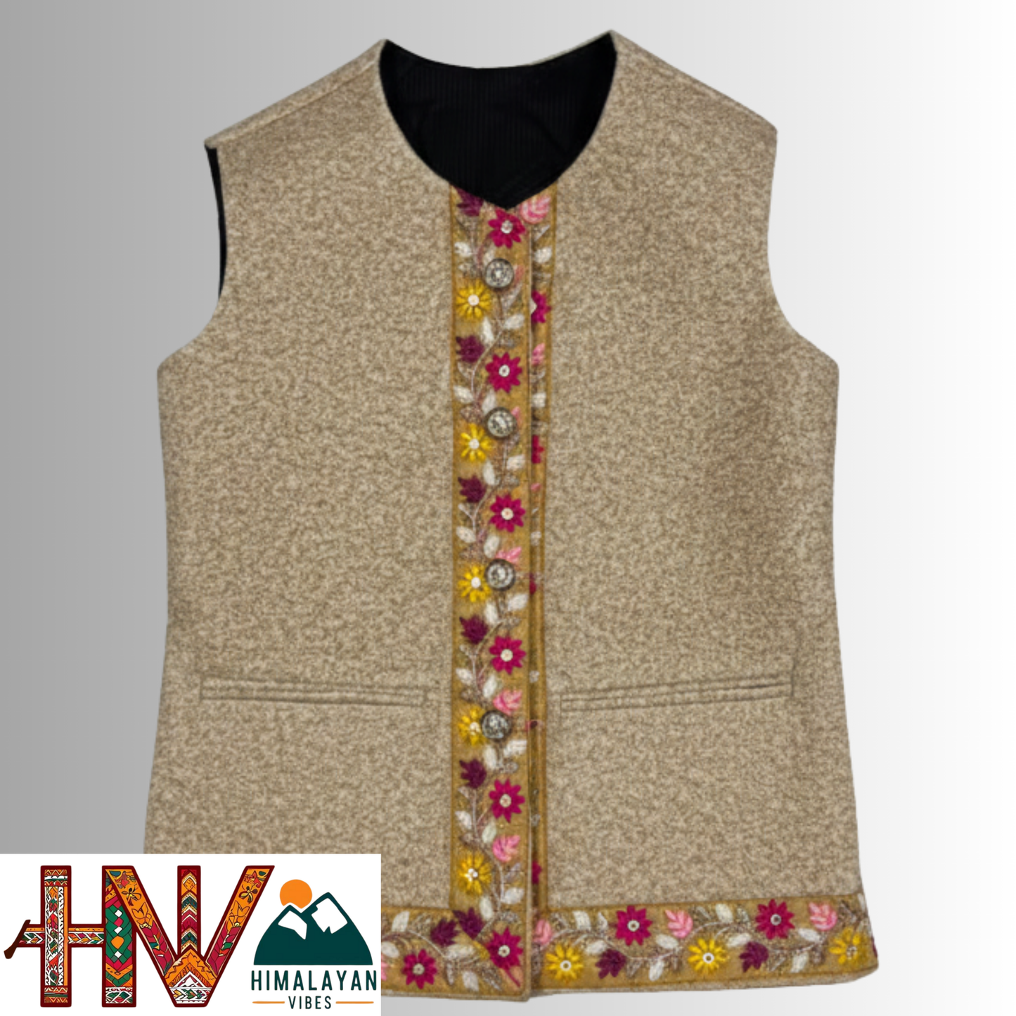 Girls Sleeveless Cream Woolen Sadri Jacket in Martin Fabric – Himachali Handcrafted Ethnic Wear with Multicolor Floral Embroidery