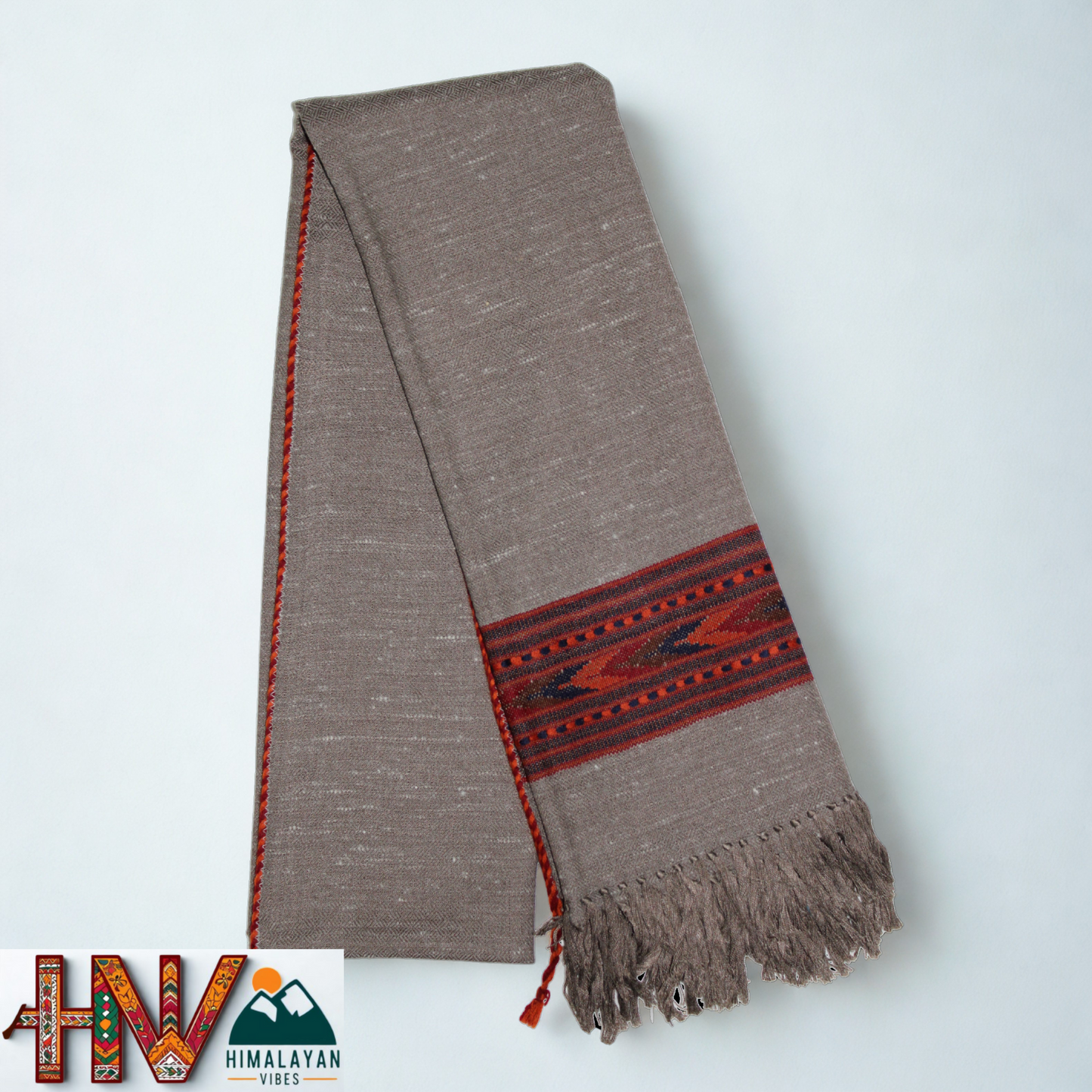 Handwoven Himalayan Brown Wool Stole – Red & Black Striped with Geometric Motif Border